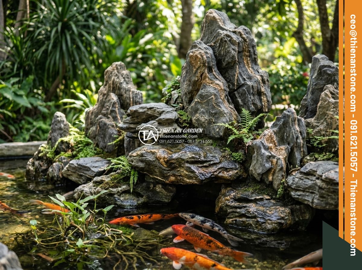 Trình Tự Sắp Xếp Đá Non Bộ Bể Cá Ngoài Trời Chuẩn Nghệ Thuật - Lush greenery and colorful koi fish harmoniously combined with non-bo stone arra