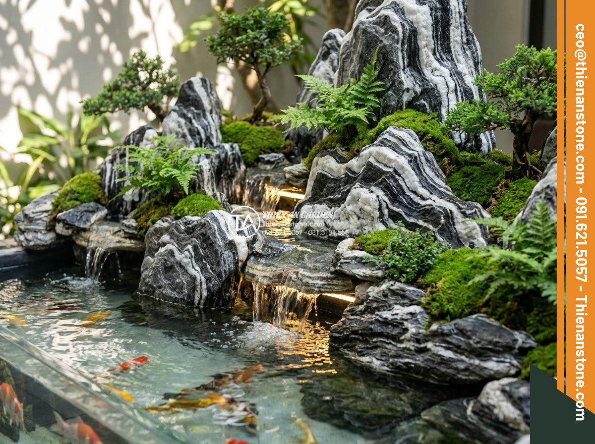 Trình Tự Sắp Xếp Đá Non Bộ Bể Cá Ngoài Trời Chuẩn Nghệ Thuật - Close-up view of detailed outdoor aquarium rockery using various natural stones 