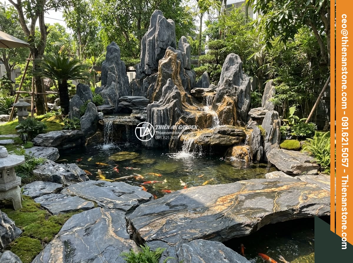 Trình Tự Sắp Xếp Đá Non Bộ Bể Cá Ngoài Trời Chuẩn Nghệ Thuật - Completed luxury outdoor fish pond and non-bo installations by Thien An Stone ex