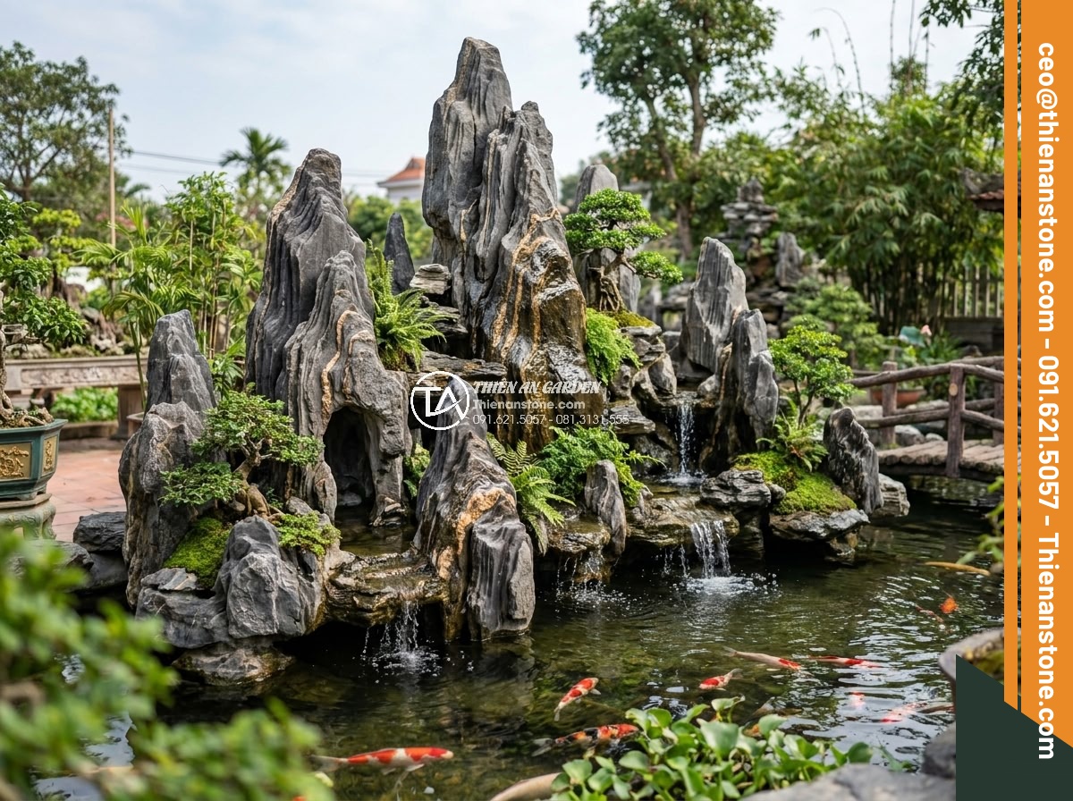 Trình Tự Sắp Xếp Đá Non Bộ Bể Cá Ngoài Trời Chuẩn Nghệ Thuật - Artistic outdoor fish pond rockery in Vietnamese traditional non-bo style, stone