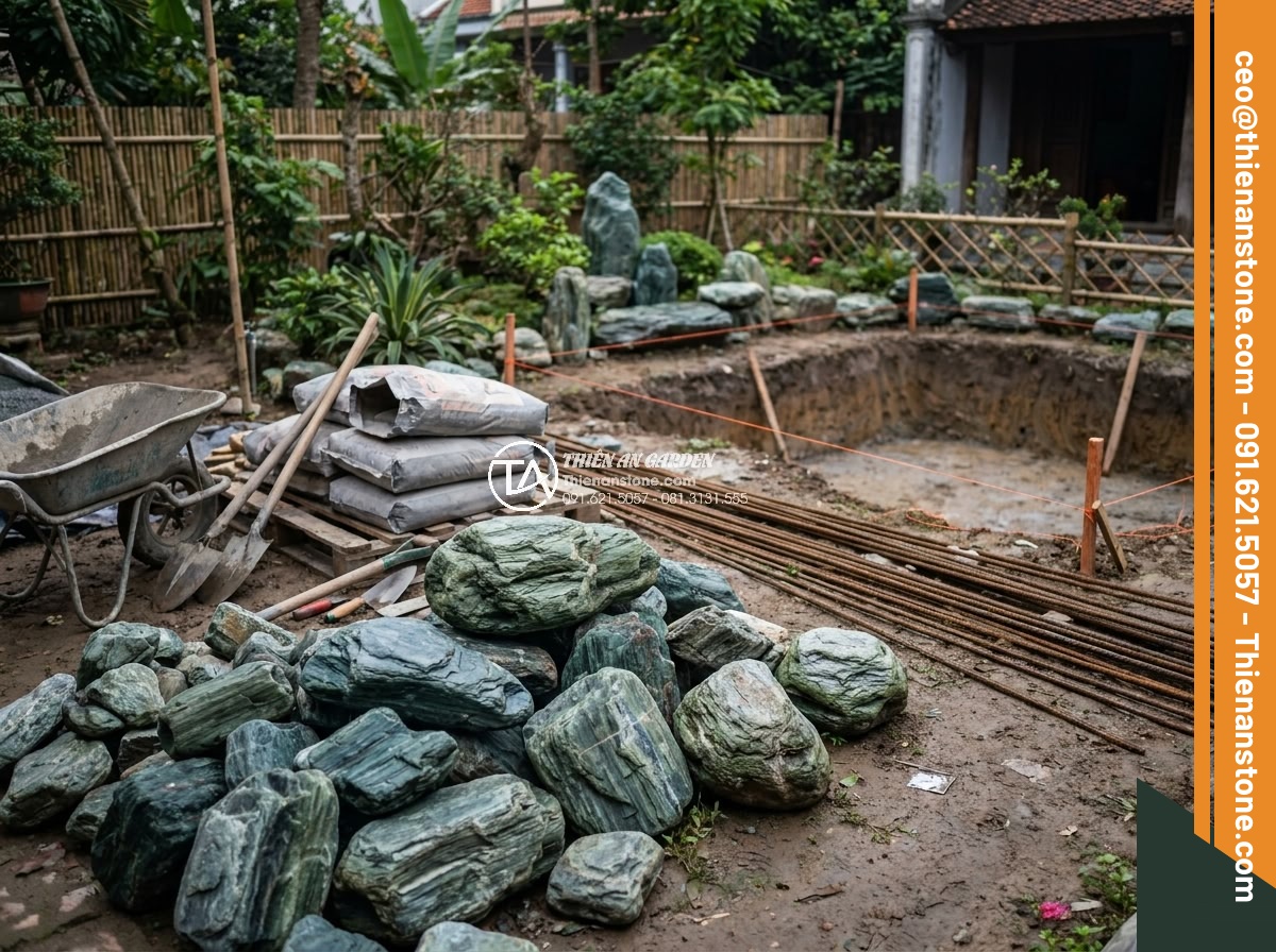 Trình Tự Sắp Xếp Đá Non Bộ Bể Cá Ngoài Trời Chuẩn Nghệ Thuật - Preparation stage for outdoor rockery construction showing various natural stone