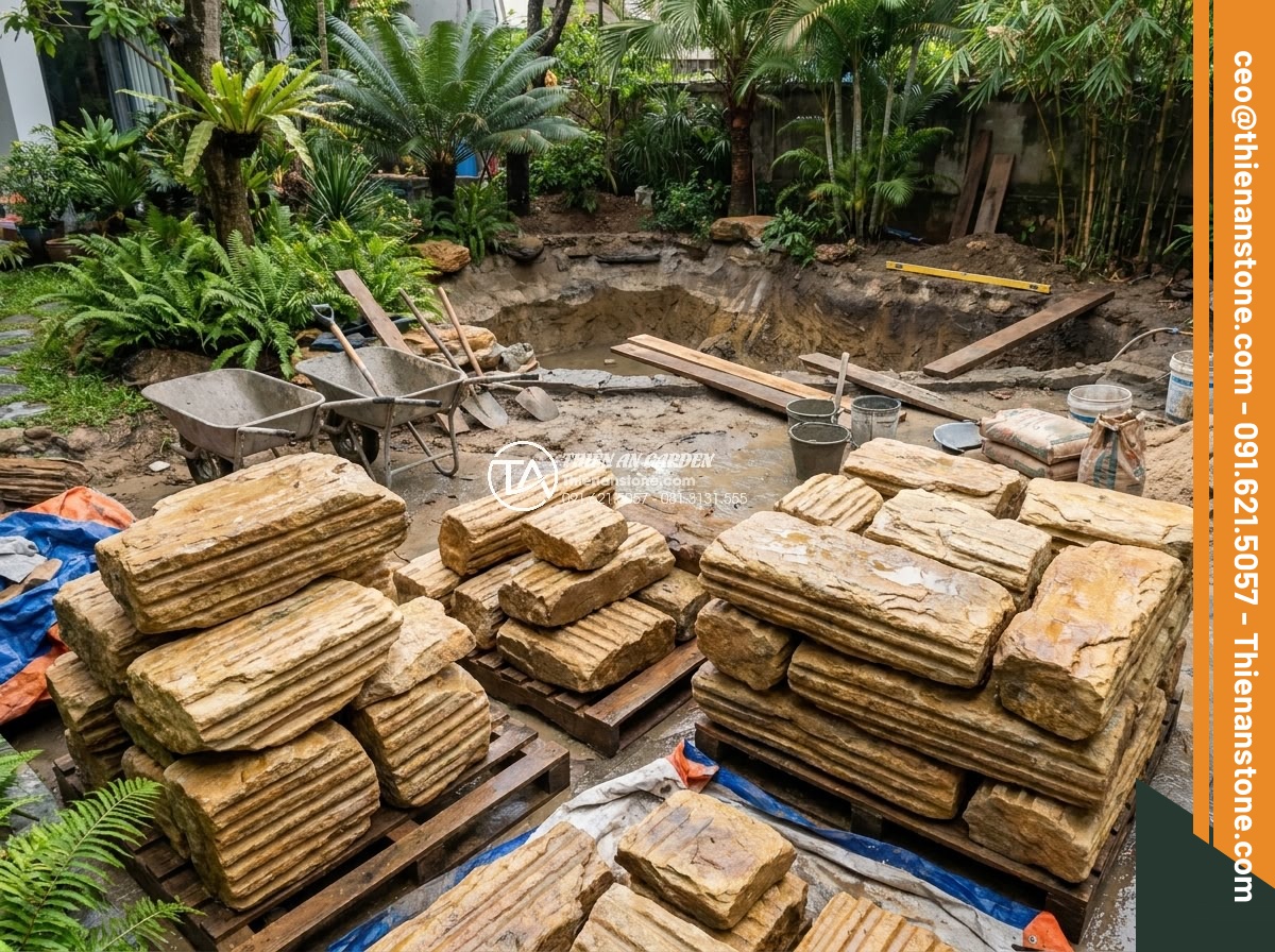Trình Tự Sắp Xếp Đá Non Bộ Bể Cá Ngoài Trời Chuẩn Nghệ Thuật - Complete material setup for building stone non-bo in outdoor aquarium project, p