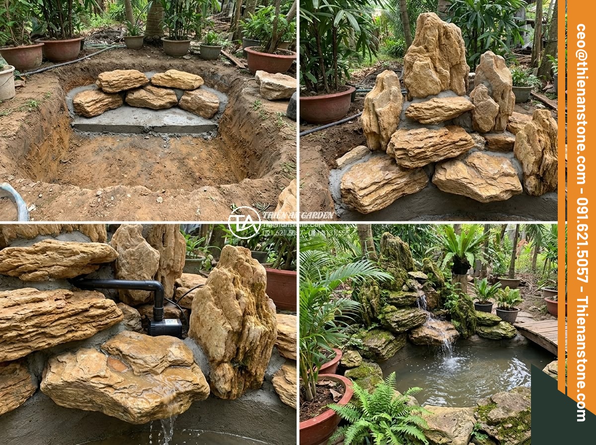 Trình Tự Sắp Xếp Đá Non Bộ Bể Cá Ngoài Trời Chuẩn Nghệ Thuật - Step-by-step outdoor non-bo rockery construction process showing foundation buil