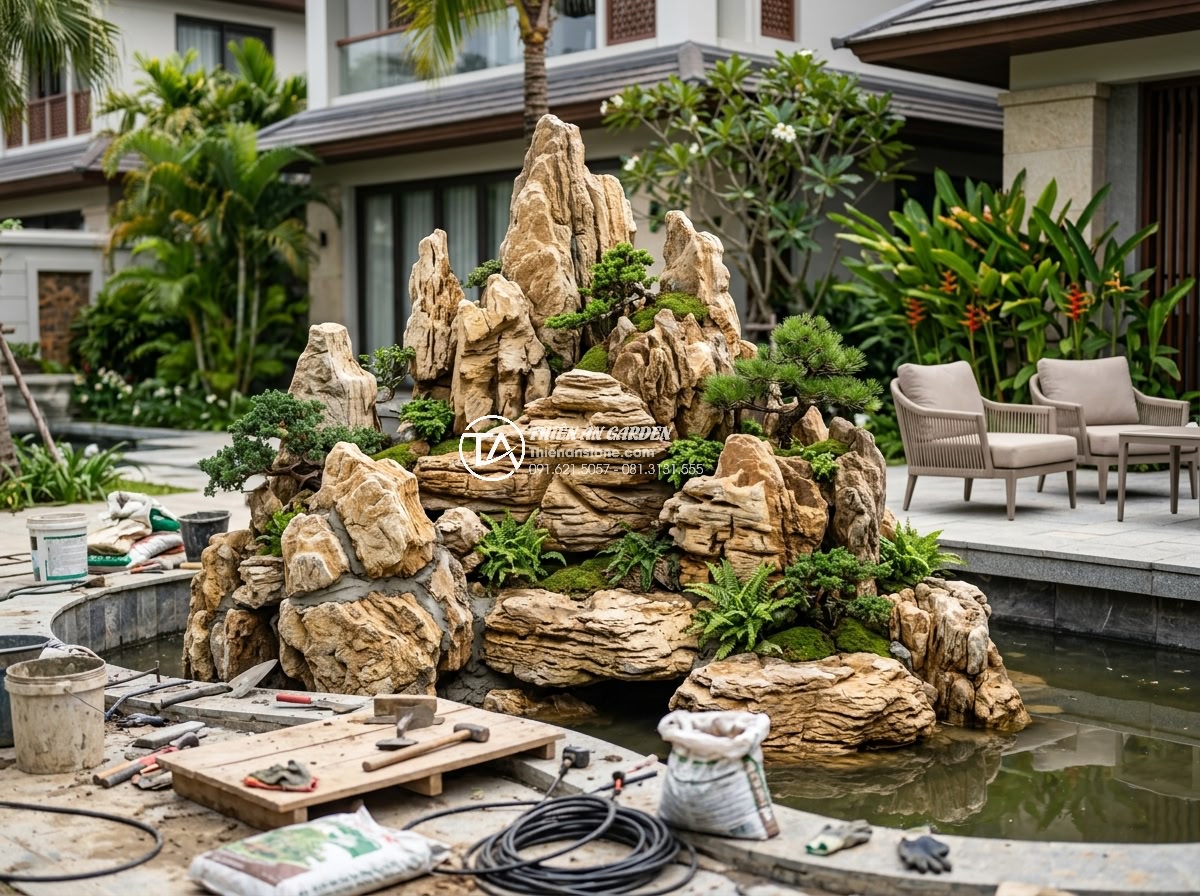 Ứng Dụng Đá Tai Mèo Trong Thi Công Non Bộ Kiểu Nhật - Professional team from Da Canh Thien An installing Tai Meo non-bo in luxury vill