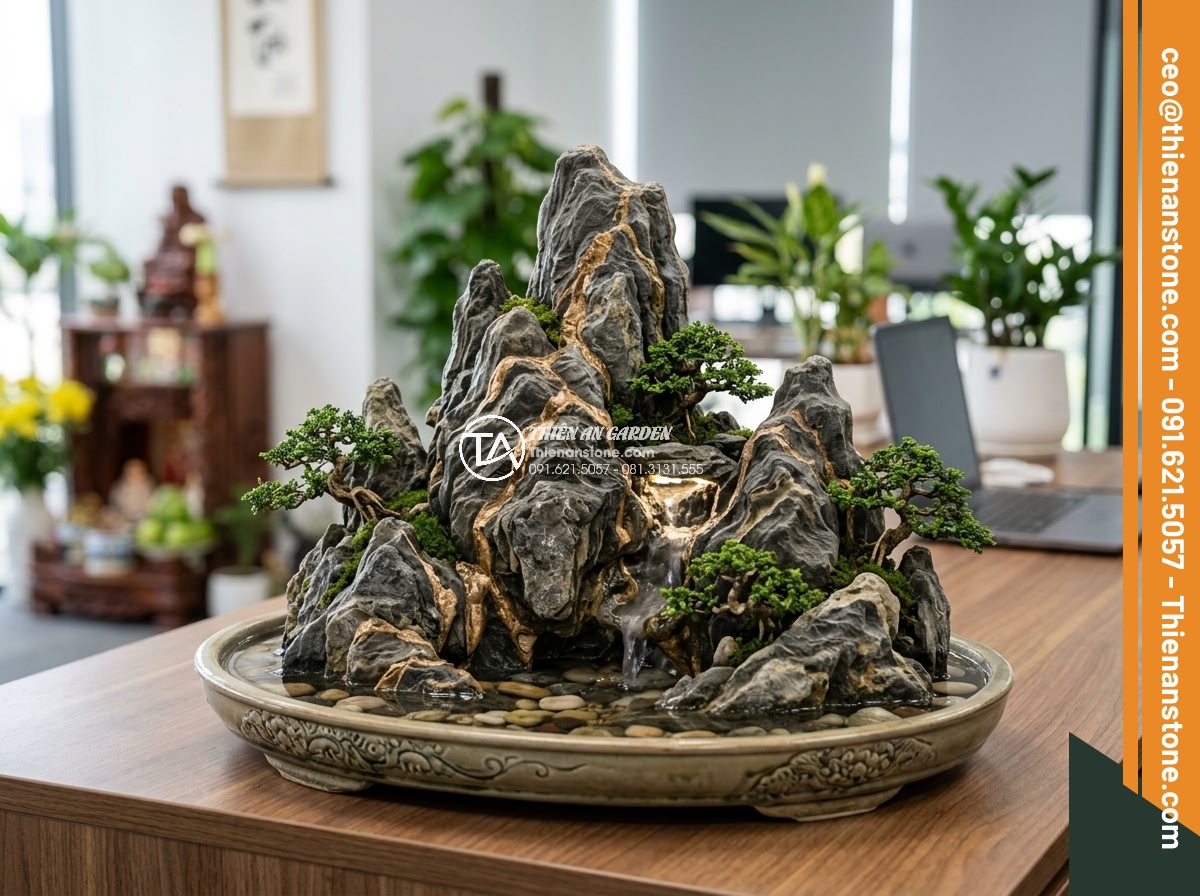 Xu Hướng Chơi Đá Non Bộ Mini Để Bàn Làm Việc Năm 2026 - A highly detailed miniature natural stone rockery placed on a modern wooden offi