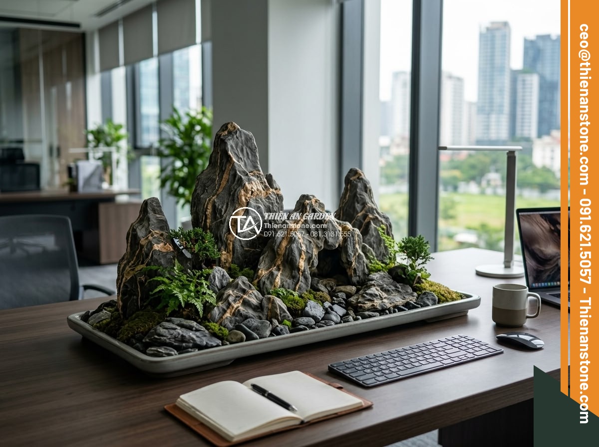 Xu Hướng Chơi Đá Non Bộ Mini Để Bàn Làm Việc Năm 2026 - Elegant desk rockery design incorporating natural stone elements perfectly suite
