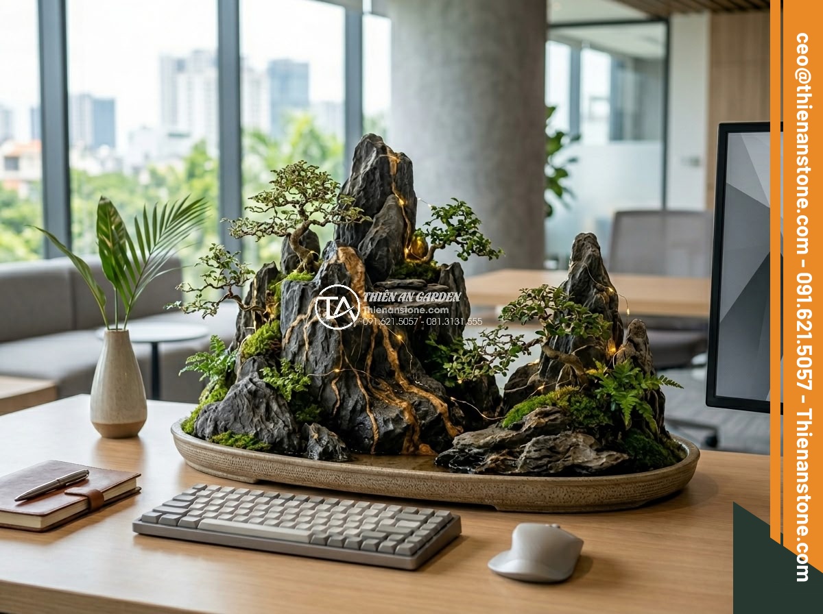 Xu Hướng Chơi Đá Non Bộ Mini Để Bàn Làm Việc Năm 2026 - Artistic combination of mini stone rockery with bonsai trees, LED lights and oth