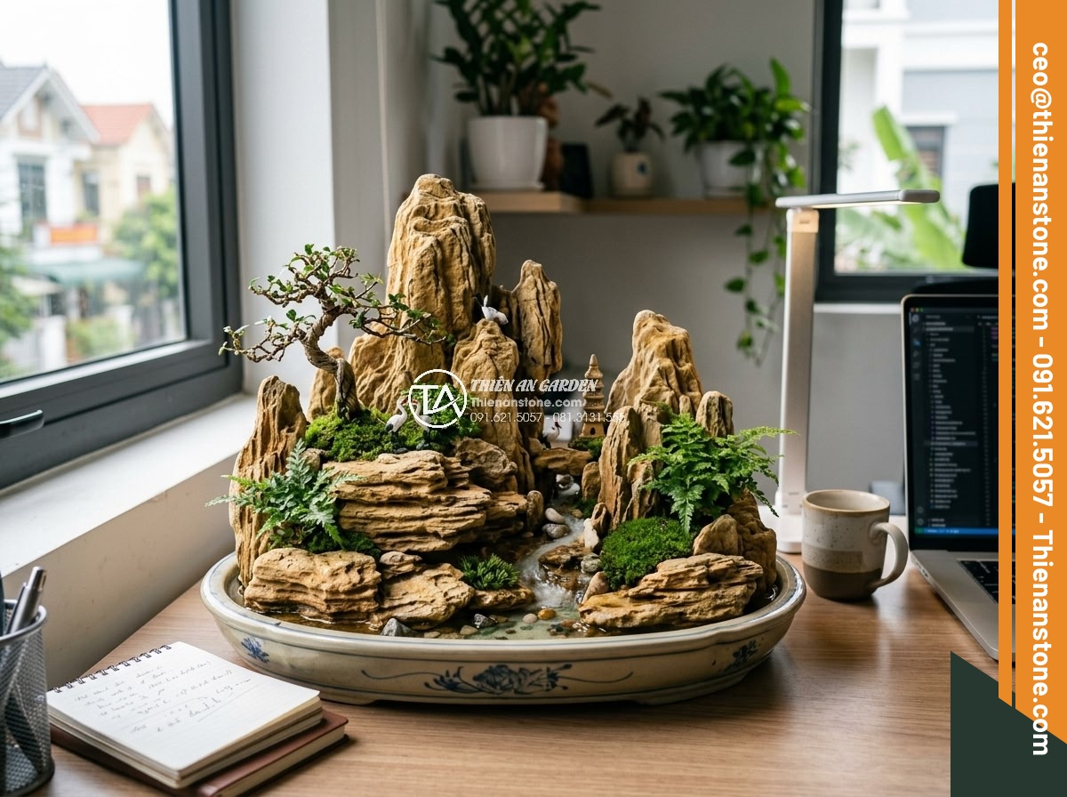 Xu Hướng Chơi Đá Non Bộ Mini Để Bàn Làm Việc Năm 2026 - Integrated mini hòn non bộ with natural elements and modern accessories creating