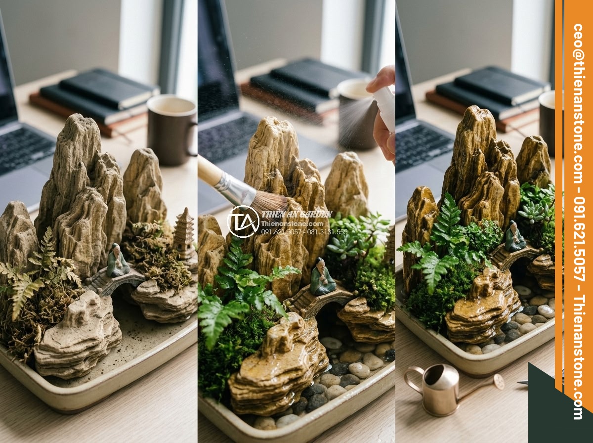 Xu Hướng Chơi Đá Non Bộ Mini Để Bàn Làm Việc Năm 2026 - Maintenance guide showing cleaning process and care for stone mini non bộ on off