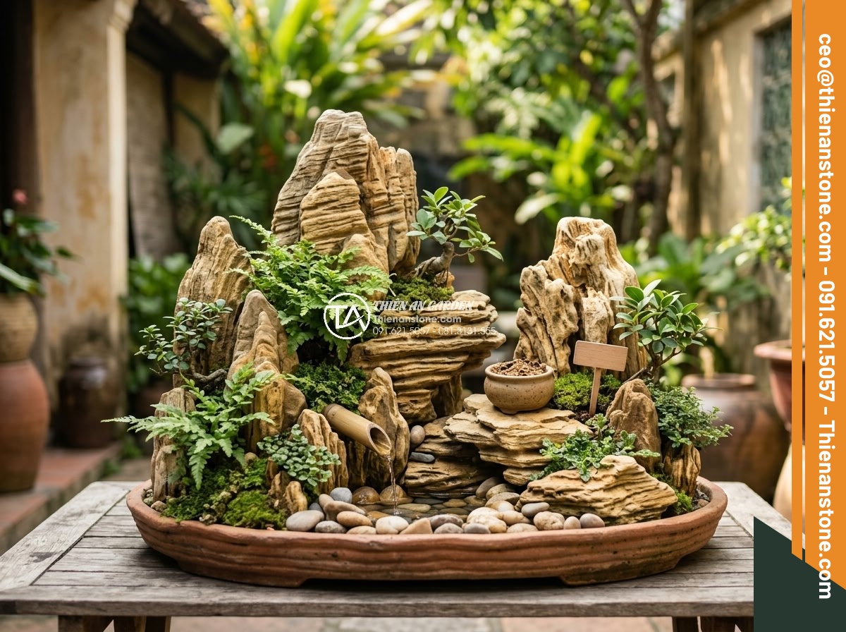 Xu Hướng Chơi Đá Non Bộ Mini Để Bàn Làm Việc Năm 2026 - Environmentally conscious stone non bộ mini setup highlighting sustainable mater