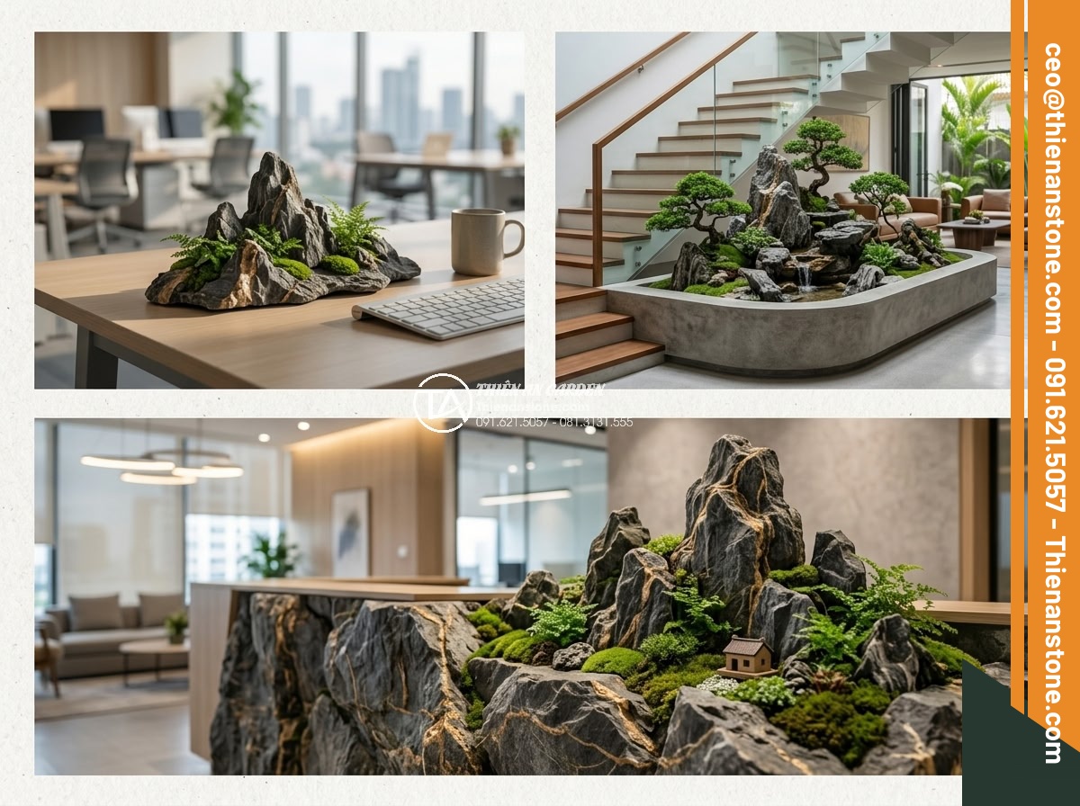 Xu Hướng Chơi Đá Non Bộ Mini Để Bàn Làm Việc Năm 2026 - Real life case study photos of mini stone rockeries in modern offices and luxury
