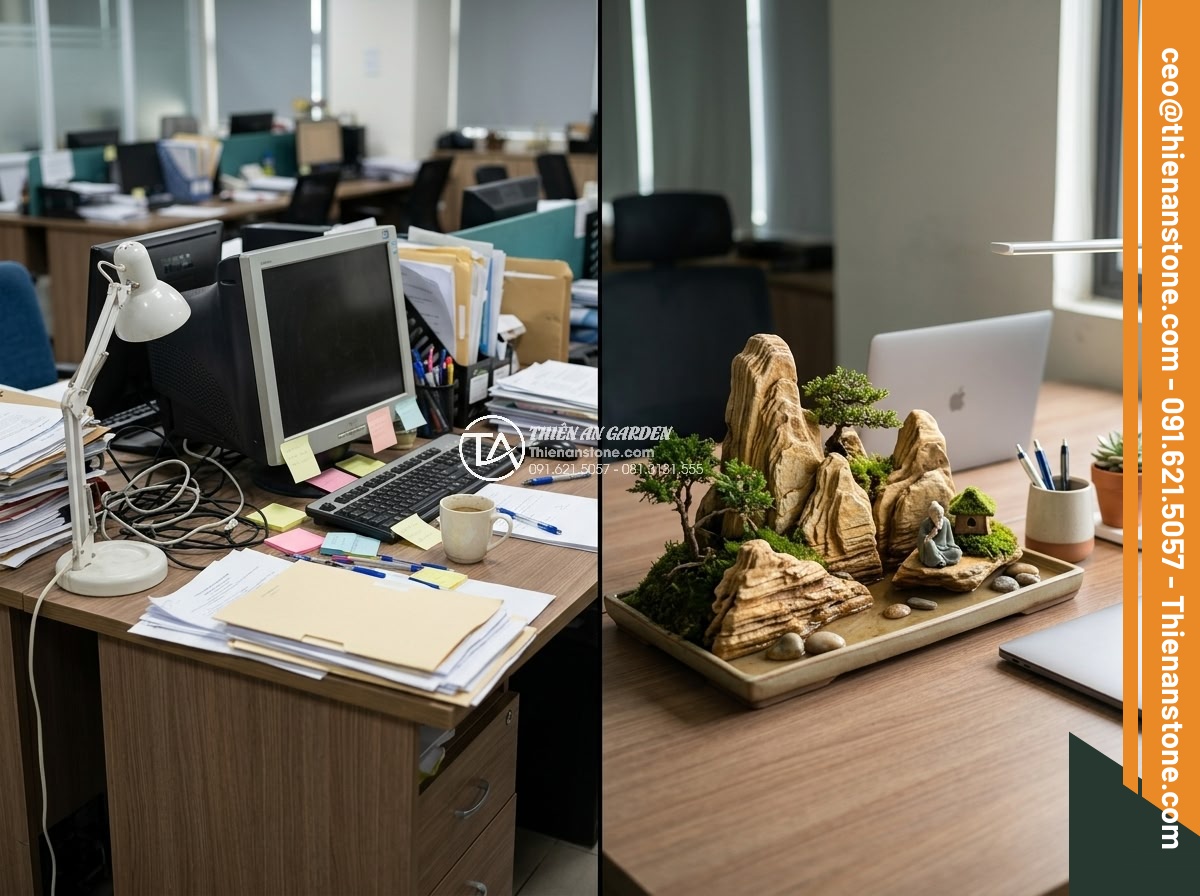 Xu Hướng Chơi Đá Non Bộ Mini Để Bàn Làm Việc Năm 2026 - Before and after office desk transformation with natural stone mini non bộ insta