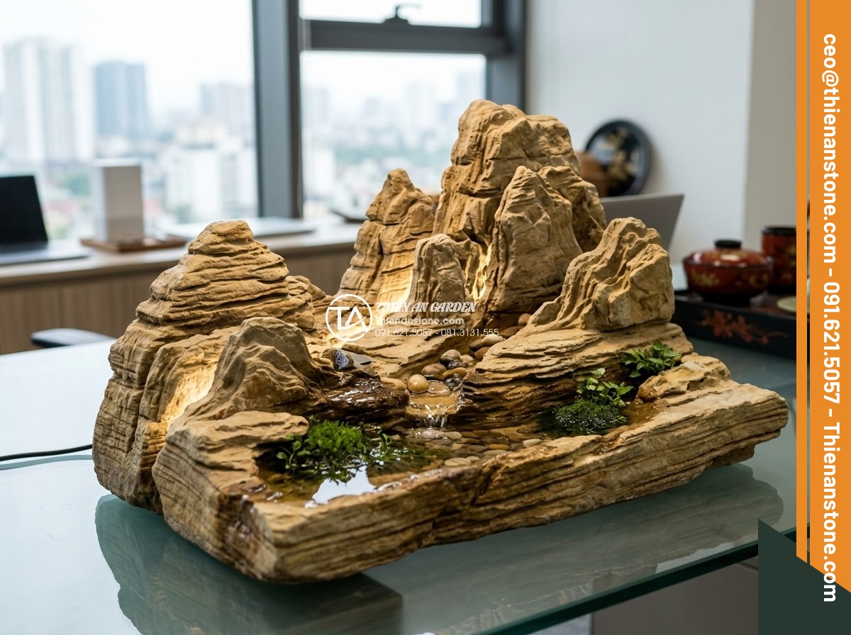 Xu Hướng Chơi Đá Non Bộ Mini Để Bàn Làm Việc Năm 2026 - Futuristic 2026 mini desk rockery made from natural carved stones with integrate