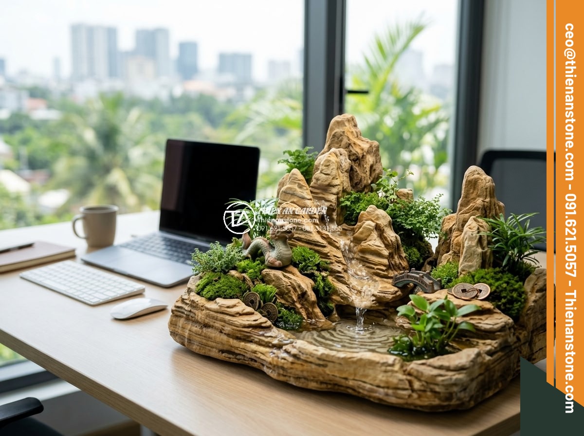 Xu Hướng Chơi Đá Non Bộ Mini Để Bàn Làm Việc Năm 2026 - Benefits illustration of mini stone rockery on desk showing stress relief with r