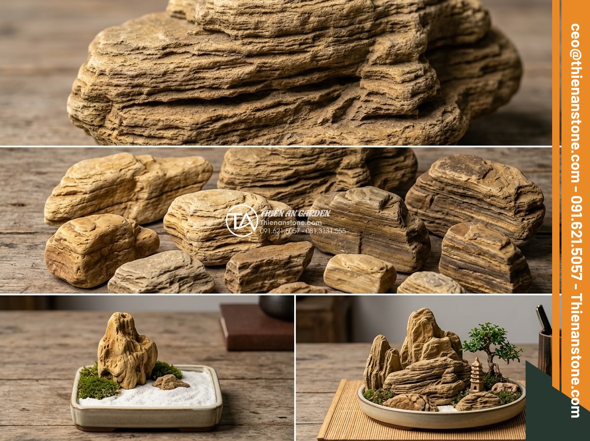 Xu Hướng Chơi Đá Non Bộ Mini Để Bàn Làm Việc Năm 2026 - Detailed comparison chart style image of various natural stones used in mini hòn