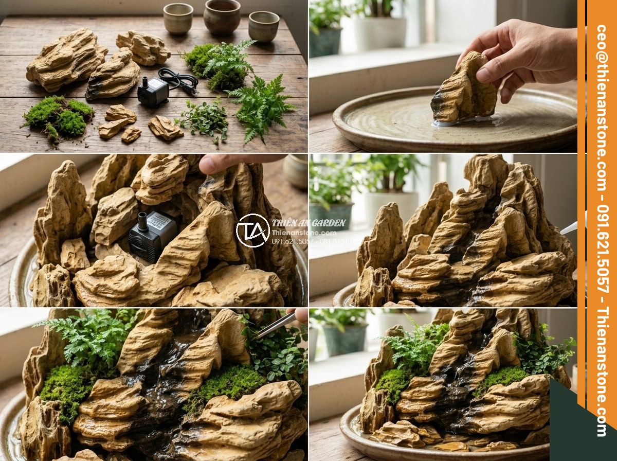 Xu Hướng Chơi Đá Non Bộ Mini Để Bàn Làm Việc Năm 2026 - Step-by-step DIY guide photos showing how to make mini stone rockery at home wit