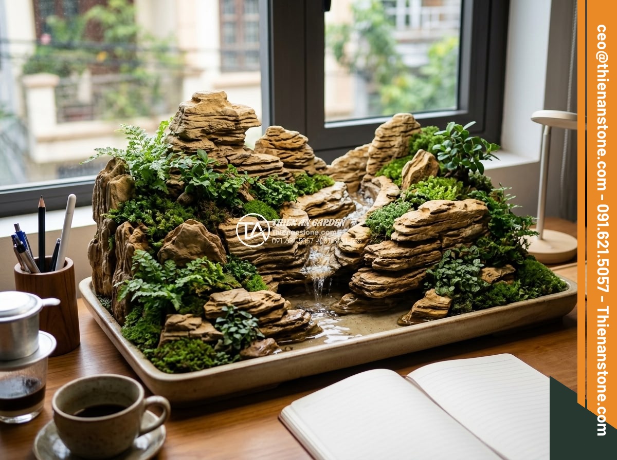 Xu Hướng Chơi Đá Non Bộ Mini Để Bàn Làm Việc Năm 2026 - Completed homemade mini hòn non bộ using natural stones on a home office desk wi