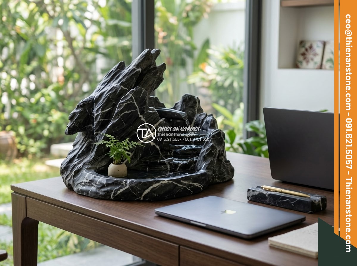 Xu Hướng Chơi Đá Non Bộ Mini Để Bàn Làm Việc Năm 2026 - Modern minimalist stone mini rockery design on sleek office desk with clean line