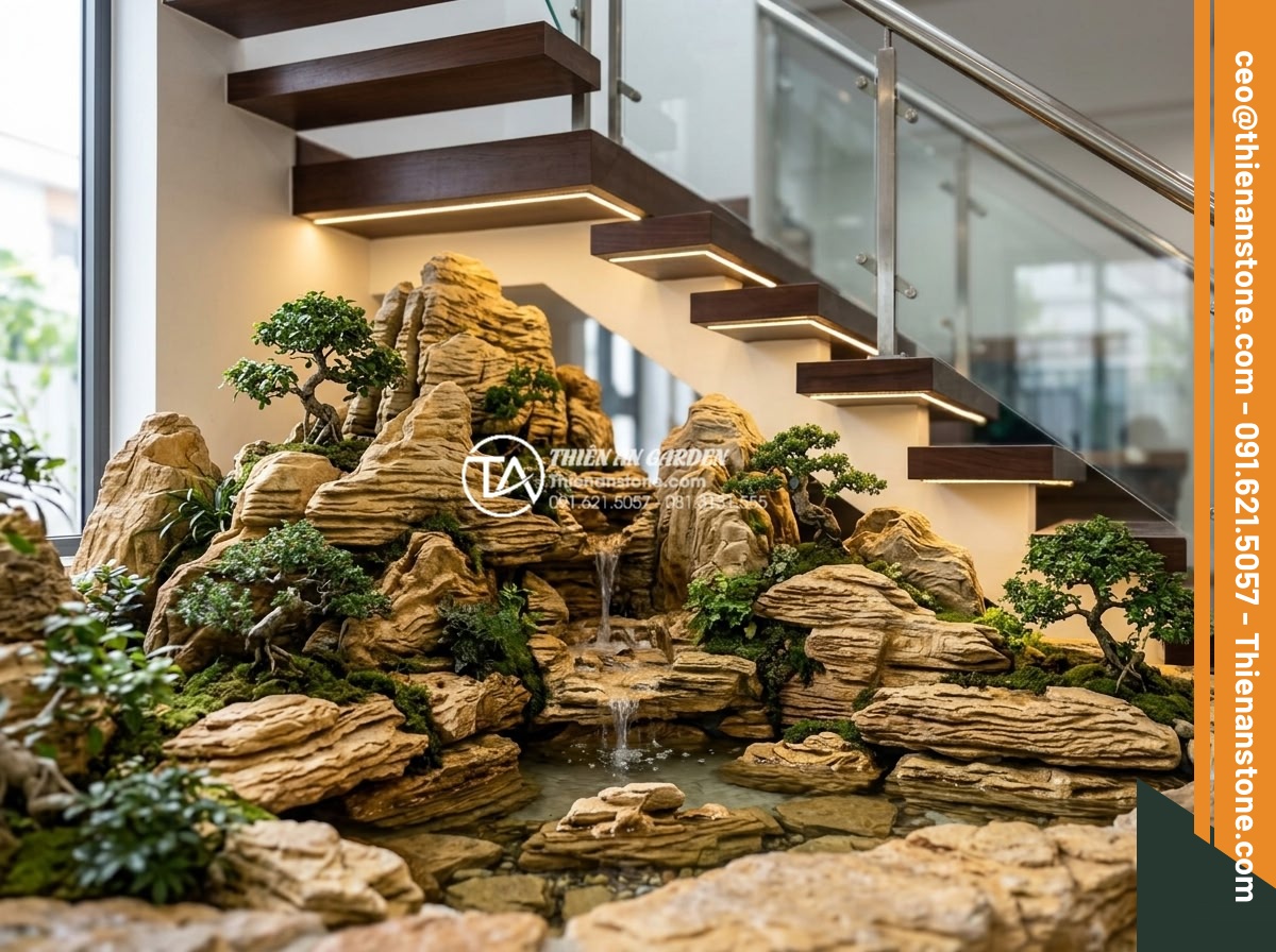Ý Tưởng Thiết Kế Tiểu Cảnh Núi Đá Cho Gầm Cầu Thang - Hình 1 Ý Tưởng Thiết Kế Tiểu Cảnh Núi Đá Cho Gầm Cầu Thang - A realistic miniature stone mountain landscape with layered natural rocks, tiny