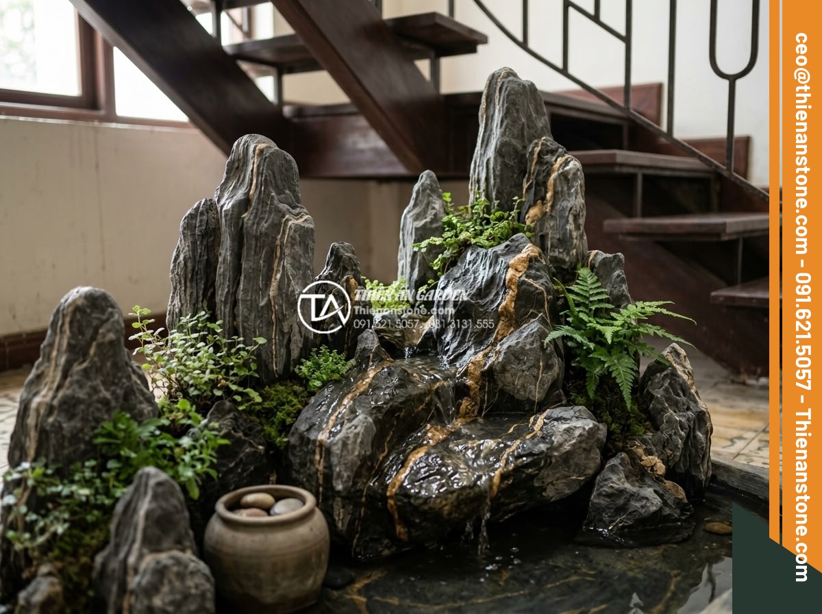 Ý Tưởng Thiết Kế Tiểu Cảnh Núi Đá Cho Gầm Cầu Thang - Hình 10 Ý Tưởng Thiết Kế Tiểu Cảnh Núi Đá Cho Gầm Cầu Thang - Harmonious Feng Shui stone landscape with natural rocks and water feature positi