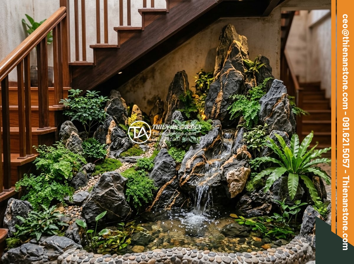 Ý Tưởng Thiết Kế Tiểu Cảnh Núi Đá Cho Gầm Cầu Thang - Hình 11 Ý Tưởng Thiết Kế Tiểu Cảnh Núi Đá Cho Gầm Cầu Thang - Integrated stone mountain under stairs with lush green plants, cascading waterfa