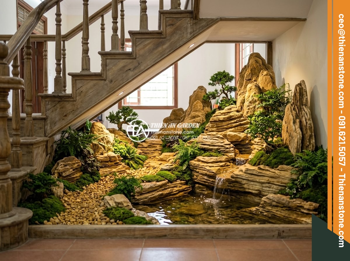 Ý Tưởng Thiết Kế Tiểu Cảnh Núi Đá Cho Gầm Cầu Thang - Hình 12 Ý Tưởng Thiết Kế Tiểu Cảnh Núi Đá Cho Gầm Cầu Thang - Full view of stone non-bo mini landscape combining rocks, greenery, water, and l
