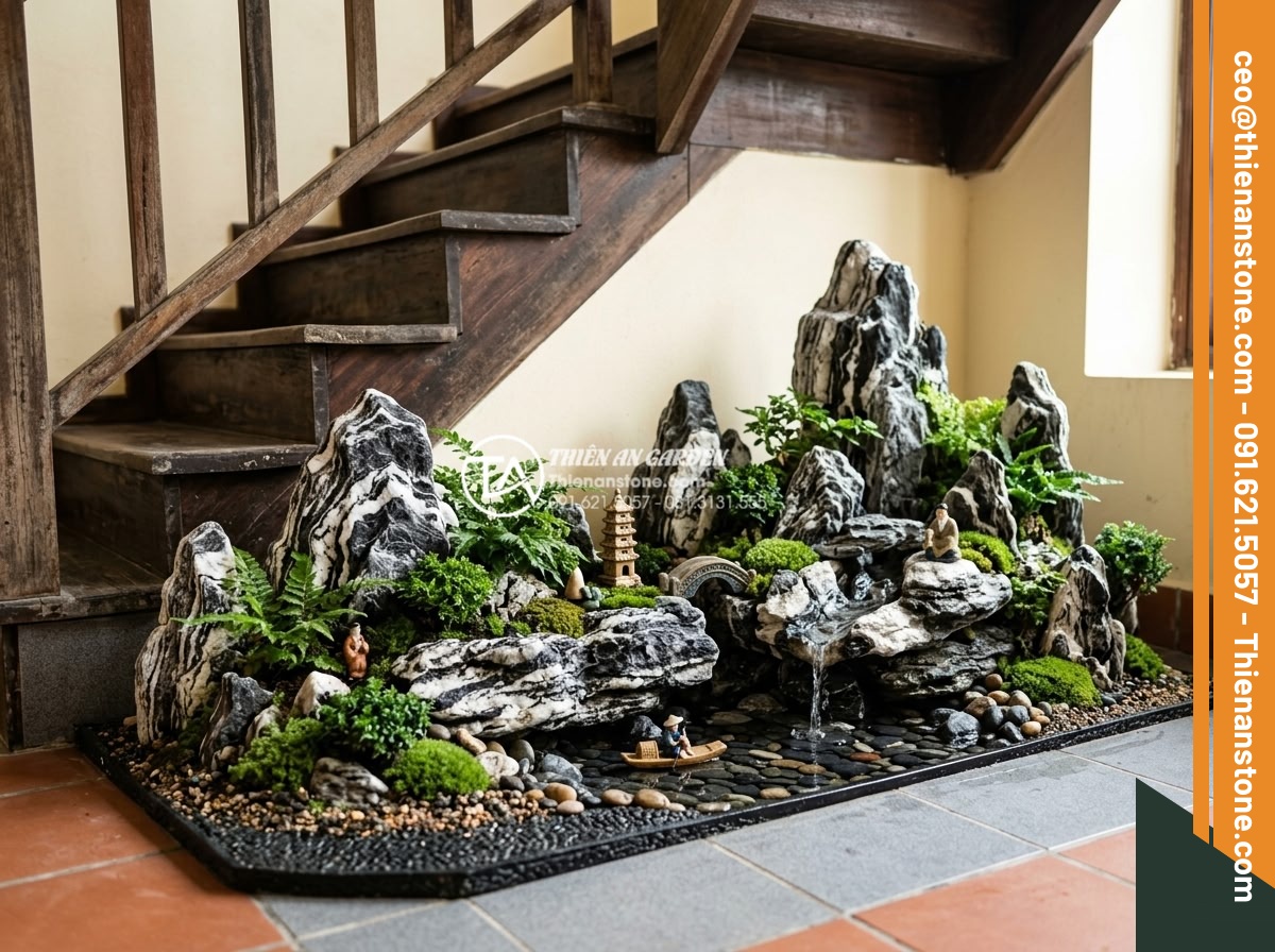 Ý Tưởng Thiết Kế Tiểu Cảnh Núi Đá Cho Gầm Cầu Thang - Hình 14 Ý Tưởng Thiết Kế Tiểu Cảnh Núi Đá Cho Gầm Cầu Thang - Completed professional installation of mini non-bo stone scene under staircase w