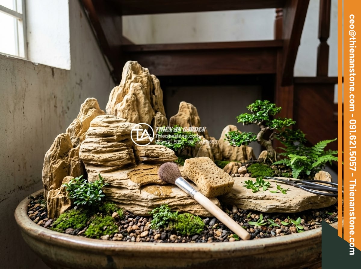 Ý Tưởng Thiết Kế Tiểu Cảnh Núi Đá Cho Gầm Cầu Thang - Hình 15 Ý Tưởng Thiết Kế Tiểu Cảnh Núi Đá Cho Gầm Cầu Thang - Maintenance tips illustration for stone mountain mini landscape including cleani