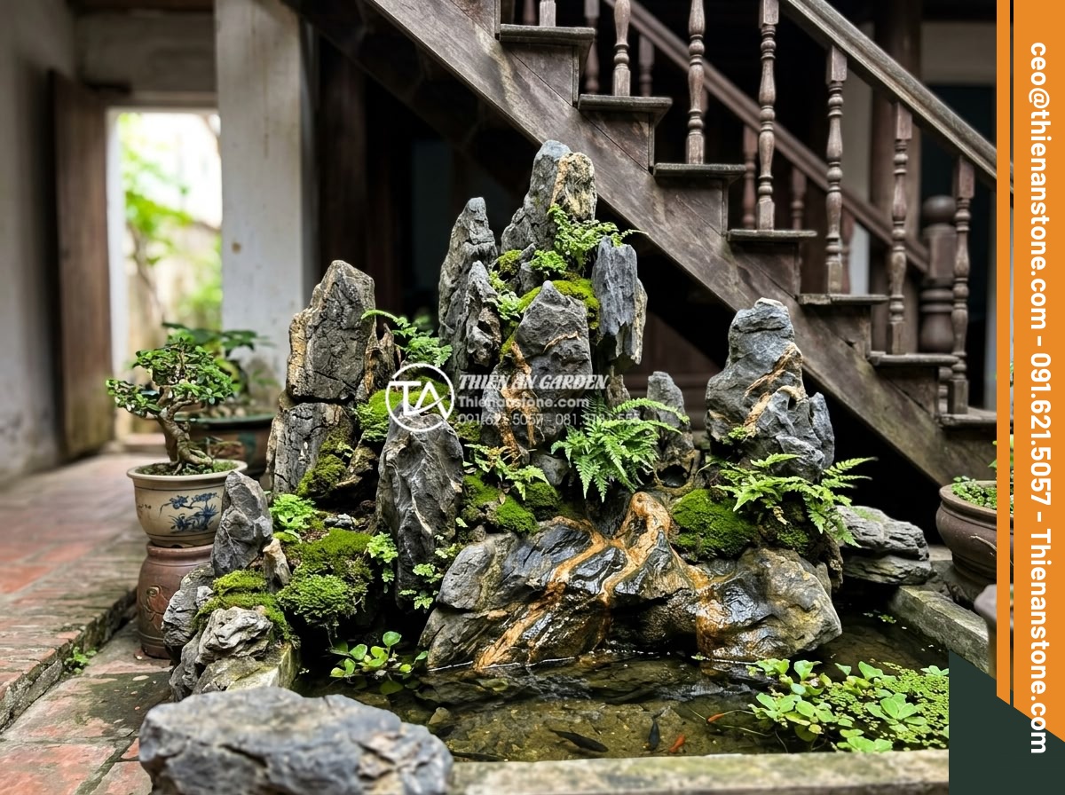Ý Tưởng Thiết Kế Tiểu Cảnh Núi Đá Cho Gầm Cầu Thang - Hình 16 Ý Tưởng Thiết Kế Tiểu Cảnh Núi Đá Cho Gầm Cầu Thang - Long-term maintained natural stone non-bo under staircase looking fresh and vibr