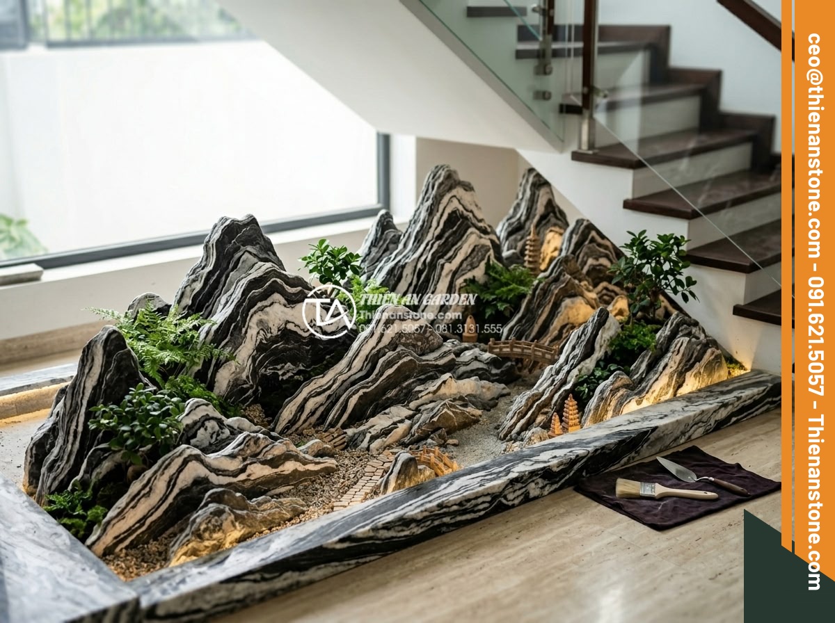 Ý Tưởng Thiết Kế Tiểu Cảnh Núi Đá Cho Gầm Cầu Thang - Hình 19 Ý Tưởng Thiết Kế Tiểu Cảnh Núi Đá Cho Gầm Cầu Thang - Professional team from Da Canh Thien An installing a custom stone mountain mini