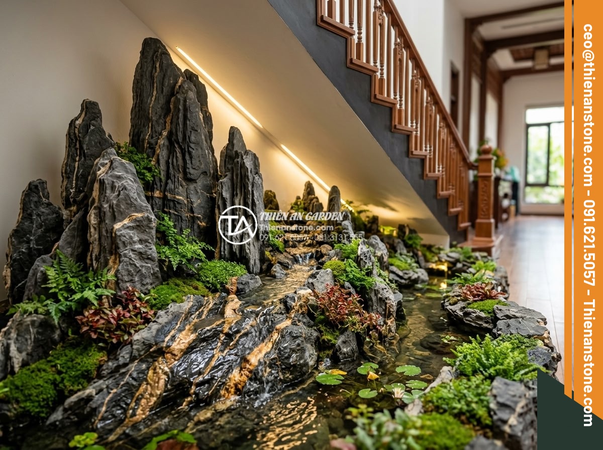 Ý Tưởng Thiết Kế Tiểu Cảnh Núi Đá Cho Gầm Cầu Thang - Hình 3 Ý Tưởng Thiết Kế Tiểu Cảnh Núi Đá Cho Gầm Cầu Thang - Vibrant under-stair stone mountain mini landscape with natural boulders, small s