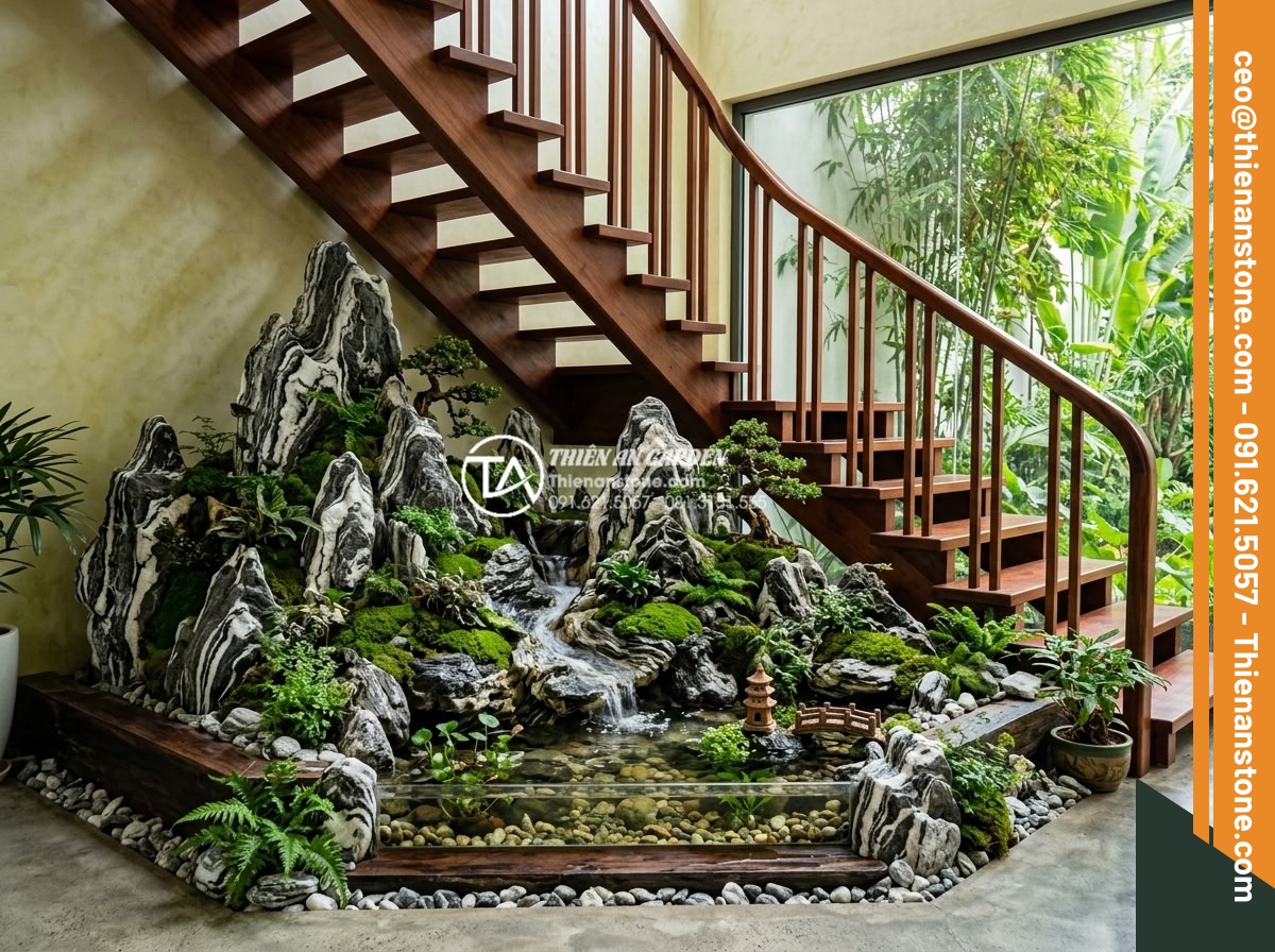 Ý Tưởng Thiết Kế Tiểu Cảnh Núi Đá Cho Gầm Cầu Thang - Hình 4 Ý Tưởng Thiết Kế Tiểu Cảnh Núi Đá Cho Gầm Cầu Thang - Wide angle photograph of a complete stone mountain scene under stairs including