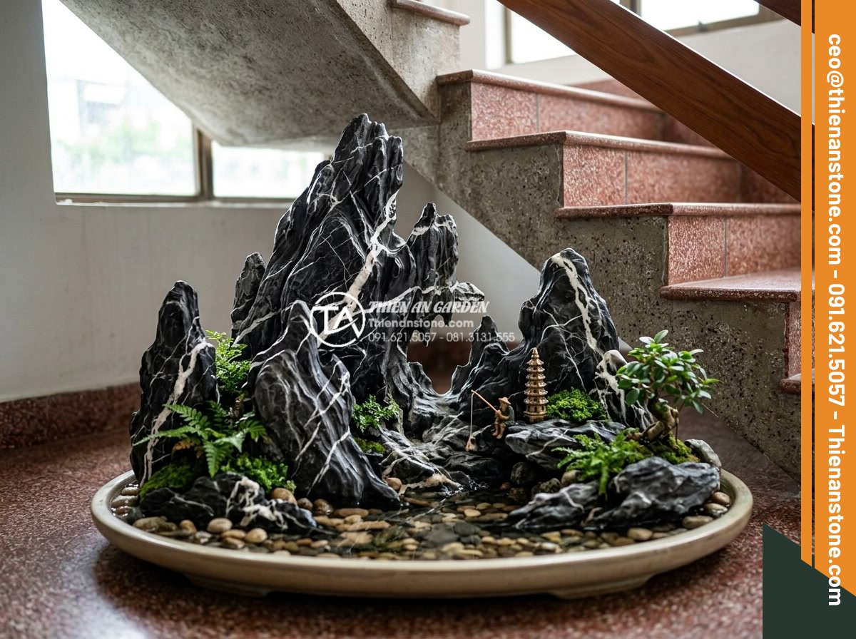 Ý Tưởng Thiết Kế Tiểu Cảnh Núi Đá Cho Gầm Cầu Thang - Hình 5 Ý Tưởng Thiết Kế Tiểu Cảnh Núi Đá Cho Gầm Cầu Thang - Selection of various natural stones including granite, basalt, and limestone arr