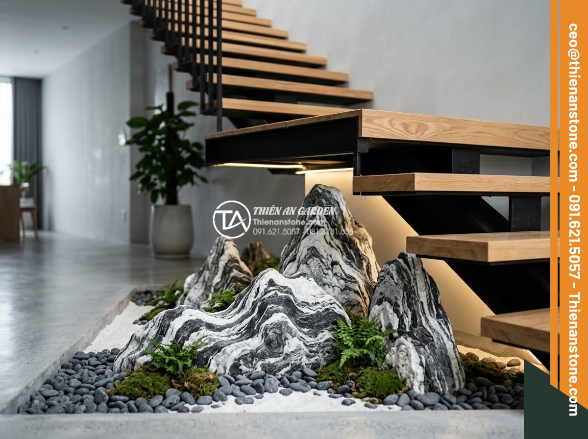 Ý Tưởng Thiết Kế Tiểu Cảnh Núi Đá Cho Gầm Cầu Thang - Hình 8 Ý Tưởng Thiết Kế Tiểu Cảnh Núi Đá Cho Gầm Cầu Thang - Modern minimalist stone mountain landscape design under stairs featuring sleek r