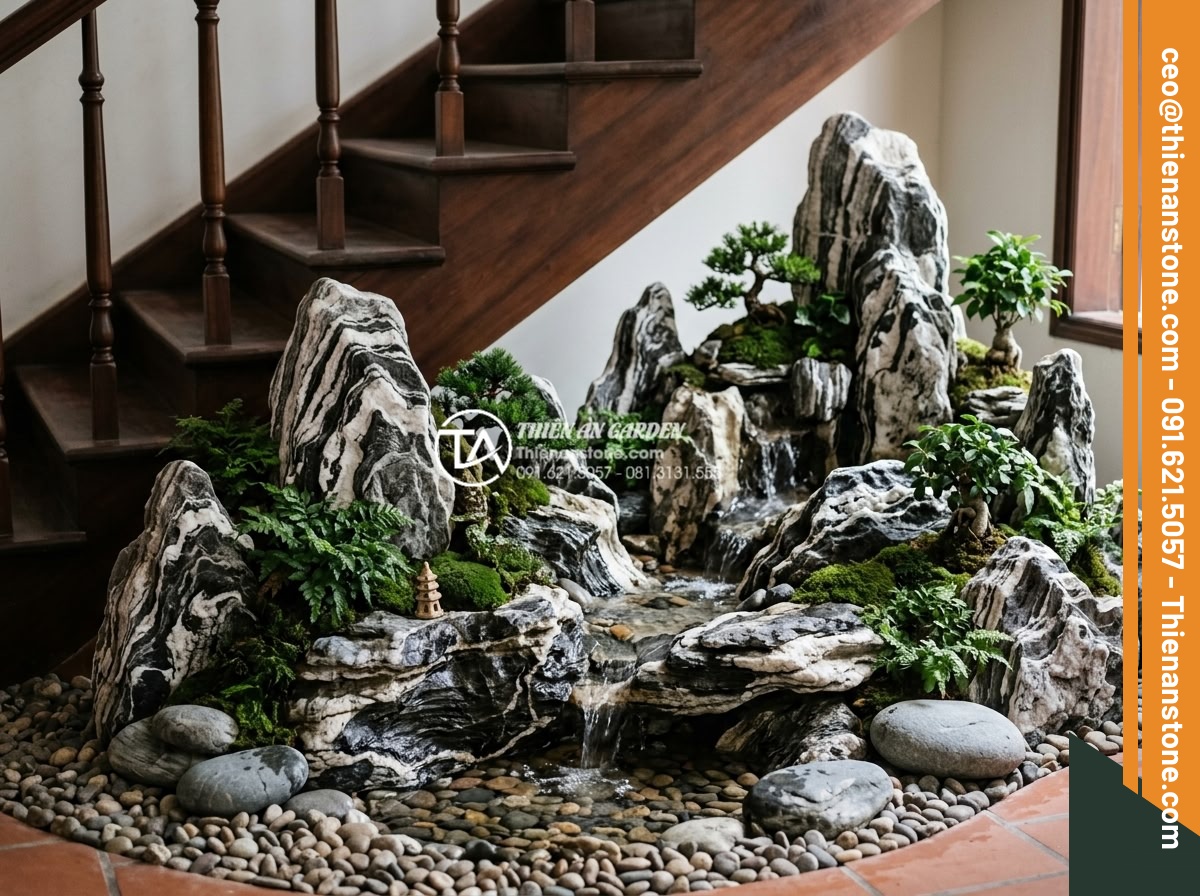 Ý Tưởng Thiết Kế Tiểu Cảnh Núi Đá Cho Gầm Cầu Thang - Hình 9 Ý Tưởng Thiết Kế Tiểu Cảnh Núi Đá Cho Gầm Cầu Thang - Feng Shui inspired stone mountain mini scene under stairs with balanced elements