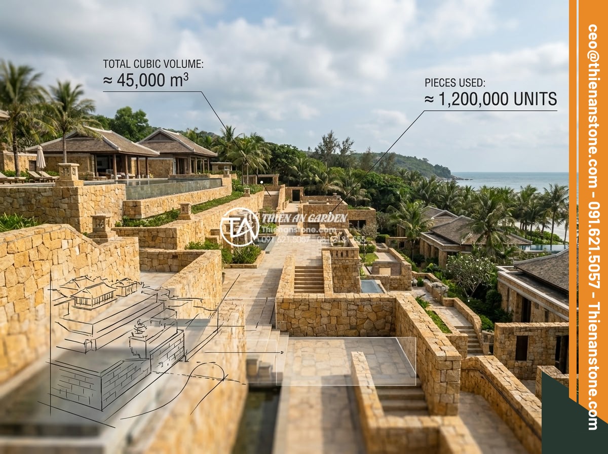 1m2 đá cubic bao nhiêu viên? Cách tính định mức chuẩn cho công trình - Hình 10 1m2 đá cubic bao nhiêu viên? Cách tính định mức chuẩn cho công trình - Overview image of a completed large-scale resort project using cubic stones, wit