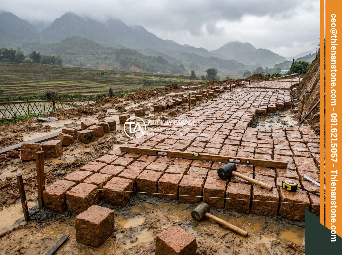 1m2 đá cubic bao nhiêu viên? Cách tính định mức chuẩn cho công trình - Hình 11 1m2 đá cubic bao nhiêu viên? Cách tính định mức chuẩn cho công trình - Construction site photo highlighting terrain challenges, weather conditions, and
