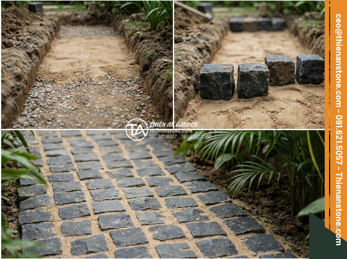 1m2 đá cubic bao nhiêu viên? Cách tính định mức chuẩn cho công trình - Hình 13 1m2 đá cubic bao nhiêu viên? Cách tính định mức chuẩn cho công trình - Step-by-step instructional photos of cubic stone laying process including founda