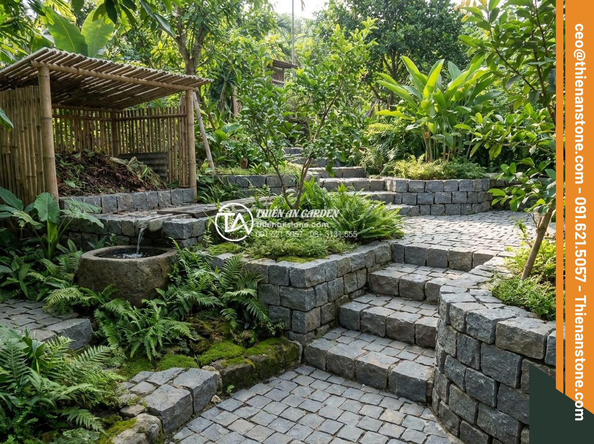 1m2 đá cubic bao nhiêu viên? Cách tính định mức chuẩn cho công trình - Hình 15 1m2 đá cubic bao nhiêu viên? Cách tính định mức chuẩn cho công trình - Beautiful eco-friendly garden scene with cubic stones integrated into sustainabl