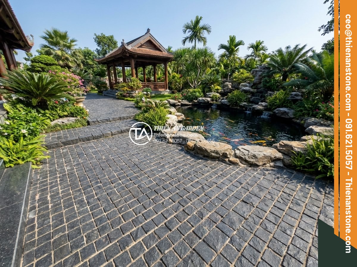 1m2 đá cubic bao nhiêu viên? Cách tính định mức chuẩn cho công trình - Hình 2 1m2 đá cubic bao nhiêu viên? Cách tính định mức chuẩn cho công trình - Wide angle view of a luxurious villa garden featuring extensive cubic stone pavi