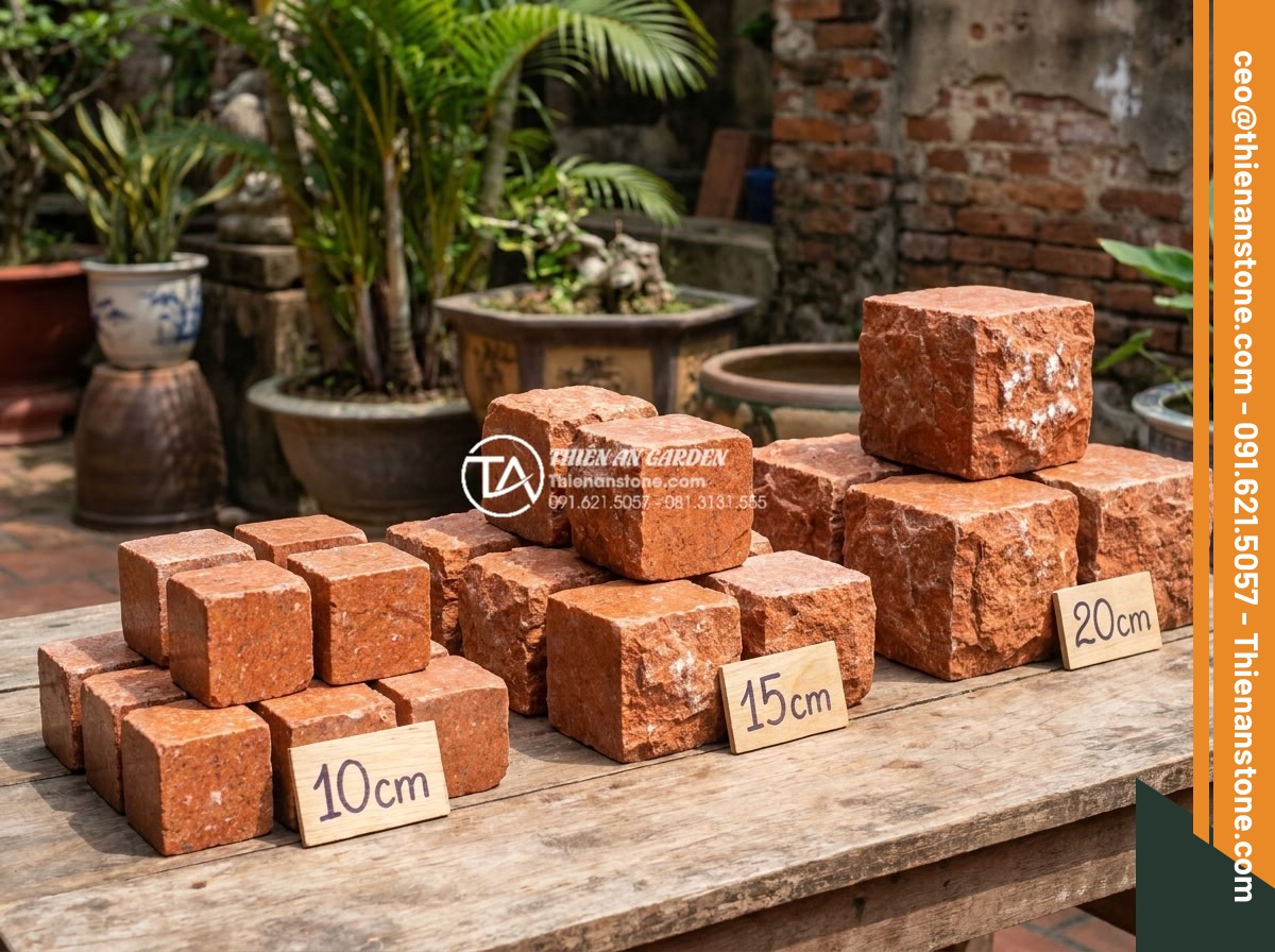 1m2 đá cubic bao nhiêu viên? Cách tính định mức chuẩn cho công trình - Hình 5 1m2 đá cubic bao nhiêu viên? Cách tính định mức chuẩn cho công trình - Collection of different sized cubic stones neatly displayed, including 10cm, 15c