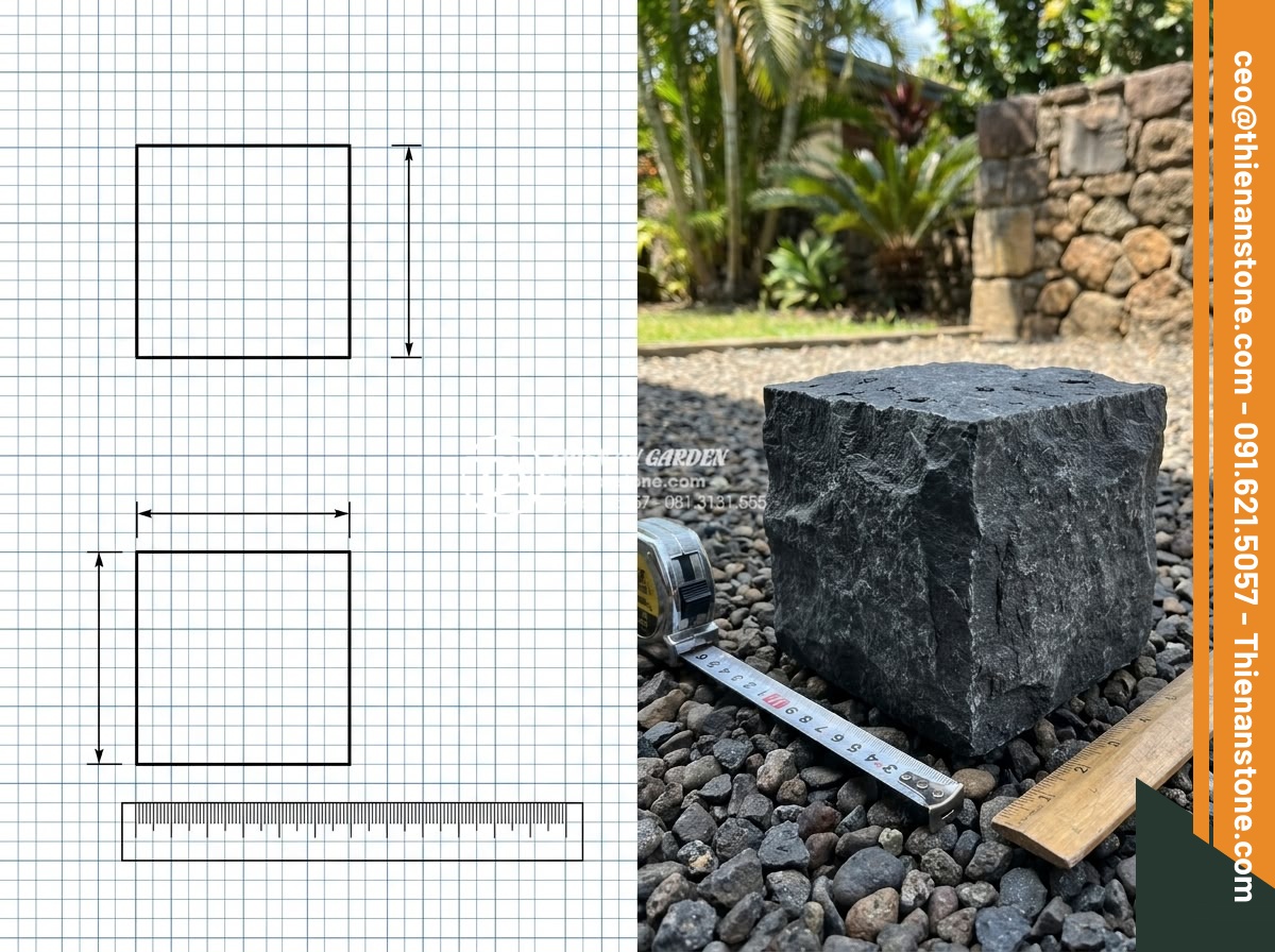 1m2 đá cubic bao nhiêu viên? Cách tính định mức chuẩn cho công trình - Hình 6 1m2 đá cubic bao nhiêu viên? Cách tính định mức chuẩn cho công trình - Technical diagram and real photo comparison of cubic stone dimensions with ruler