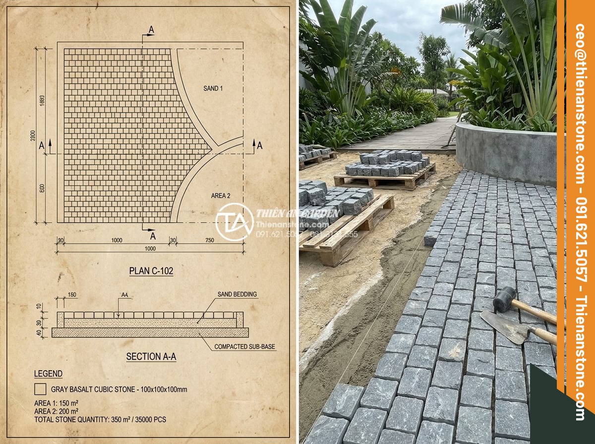 1m2 đá cubic bao nhiêu viên? Cách tính định mức chuẩn cho công trình - Hình 9 1m2 đá cubic bao nhiêu viên? Cách tính định mức chuẩn cho công trình - Detailed construction blueprint and actual site photo of cubic stone installatio