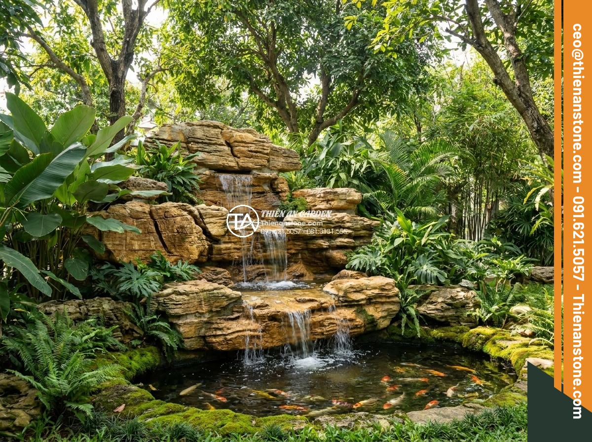 3 Sai lầm chết người khi tự thi công thác nước đá cổ thạch tại nhà - Hình 1 3 Sai lầm chết người khi tự thi công thác nước đá cổ thạch tại nhà - Detailed realistic photograph of a luxurious home garden featuring a multi-tiere
