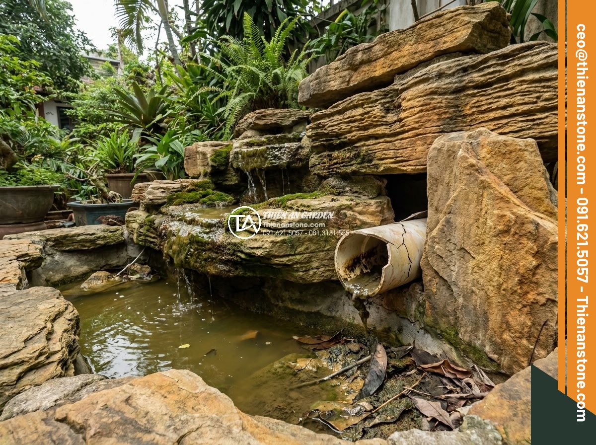 3 Sai lầm chết người khi tự thi công thác nước đá cổ thạch tại nhà - Hình 10 3 Sai lầm chết người khi tự thi công thác nước đá cổ thạch tại nhà - Realistic photo of malfunctioning water system in DIY stone waterfall showing mu