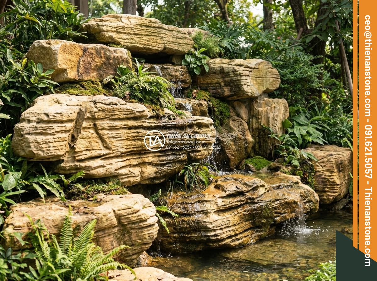 3 Sai lầm chết người khi tự thi công thác nước đá cổ thạch tại nhà - Hình 12 3 Sai lầm chết người khi tự thi công thác nước đá cổ thạch tại nhà - Variety of high-end ancient stones arranged for landscape waterfall design inclu