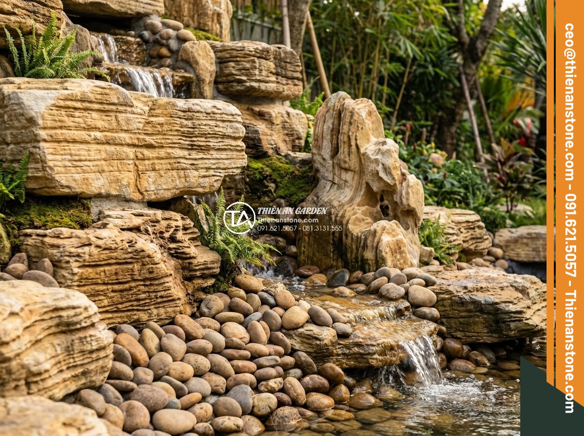 3 Sai lầm chết người khi tự thi công thác nước đá cổ thạch tại nhà - Hình 13 3 Sai lầm chết người khi tự thi công thác nước đá cổ thạch tại nhà - Beautiful integration of river pebble stones at the base of an ancient stone wat