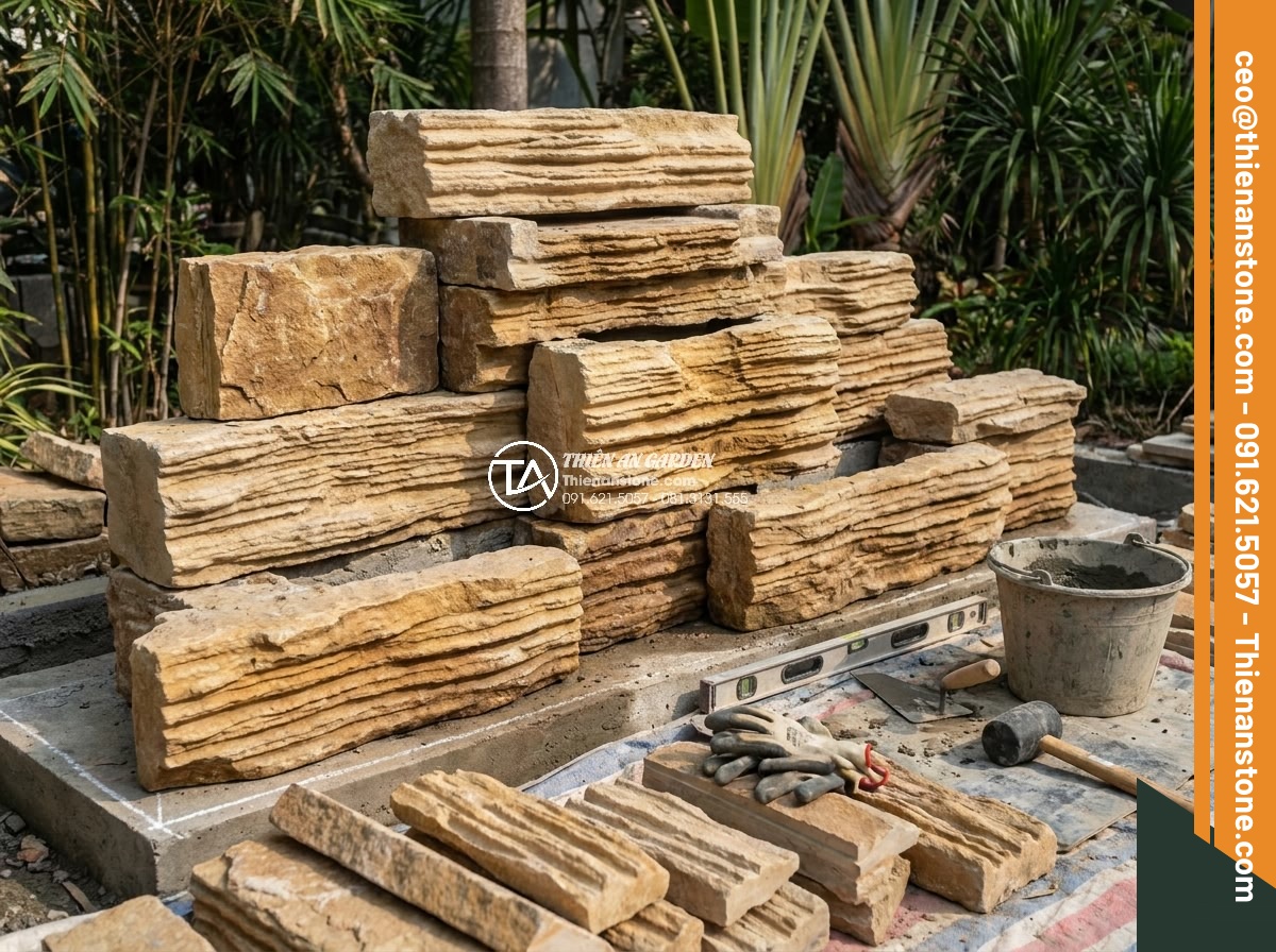 3 Sai lầm chết người khi tự thi công thác nước đá cổ thạch tại nhà - Hình 16 3 Sai lầm chết người khi tự thi công thác nước đá cổ thạch tại nhà - Professional team correcting common stone waterfall installation errors on site