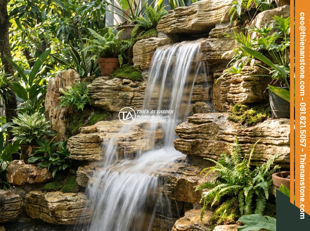 3 Sai lầm chết người khi tự thi công thác nước đá cổ thạch tại nhà - Hình 18 3 Sai lầm chết người khi tự thi công thác nước đá cổ thạch tại nhà - Finished professional stone waterfall project by experts showing perfect water f