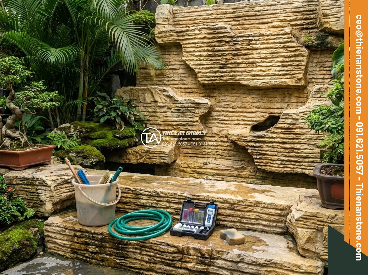 3 Sai lầm chết người khi tự thi công thác nước đá cổ thạch tại nhà - Hình 19 3 Sai lầm chết người khi tự thi công thác nước đá cổ thạch tại nhà - Maintenance process of cleaning and checking ancient stone waterfall with tools